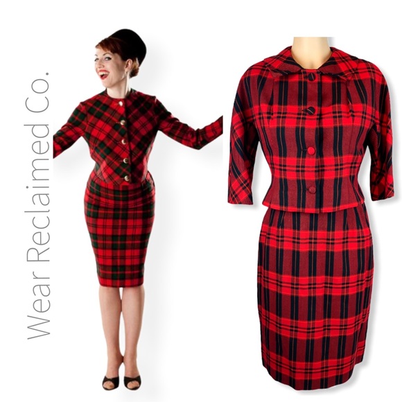 VTG 1960s Red & Black Plaid Pencil Skirt & Jacket - Picture 1 of 14